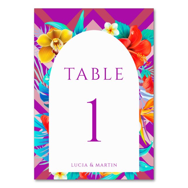 Retro Lines Tropical Fuchsia Summer Wedding Table Number (Front)