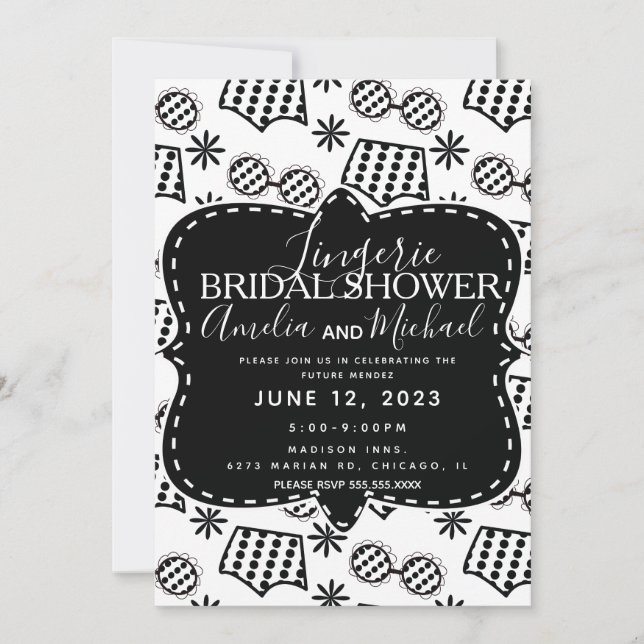 Retro Lingerie Floral Doodles Black Bridal Shower Invitation (Front)