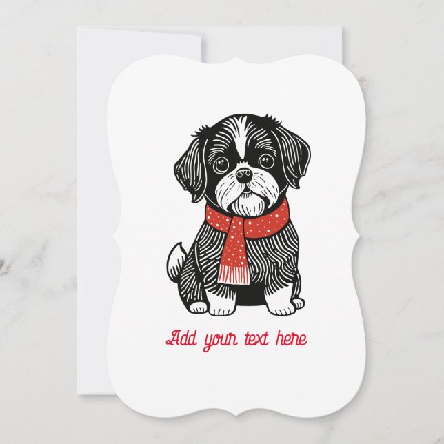 Retro Linocut Style Shih Tzu Christmas Card (Front)
