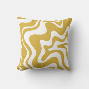 Retro Liquid Swirl Abstract Mustard and White Cushion
