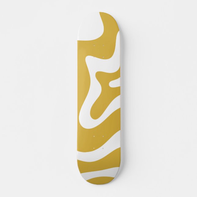 Retro Liquid Swirl Abstract Mustard and White Skateboard (Front)