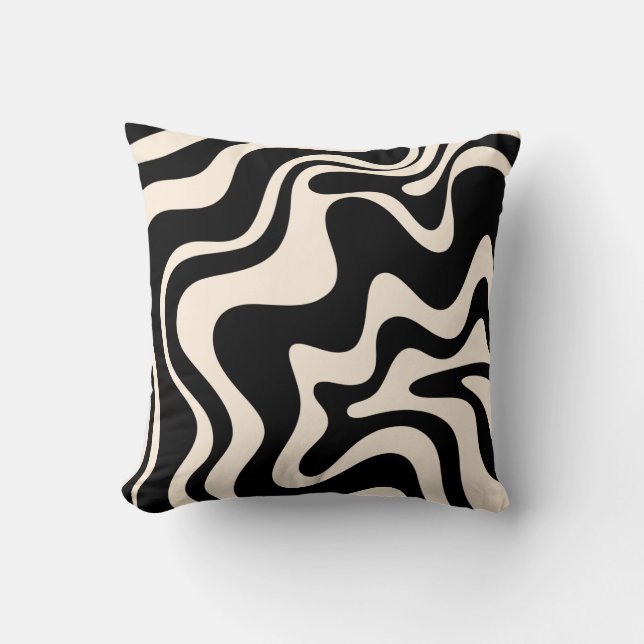 Retro Liquid Swirl Abstract Pattern Black Cream Cushion (Front)