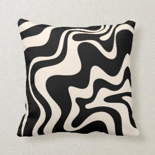 Retro Liquid Swirl Abstract Pattern Black Cream Cushion