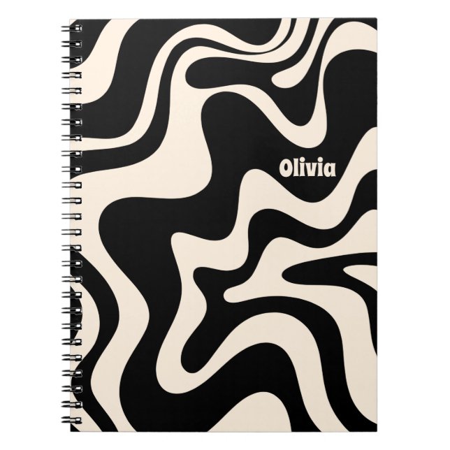 Retro Liquid Swirl Abstract Pattern Black Cream Notebook (Front)