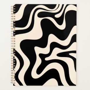 Retro Liquid Swirl Abstract Pattern Black Cream Planner