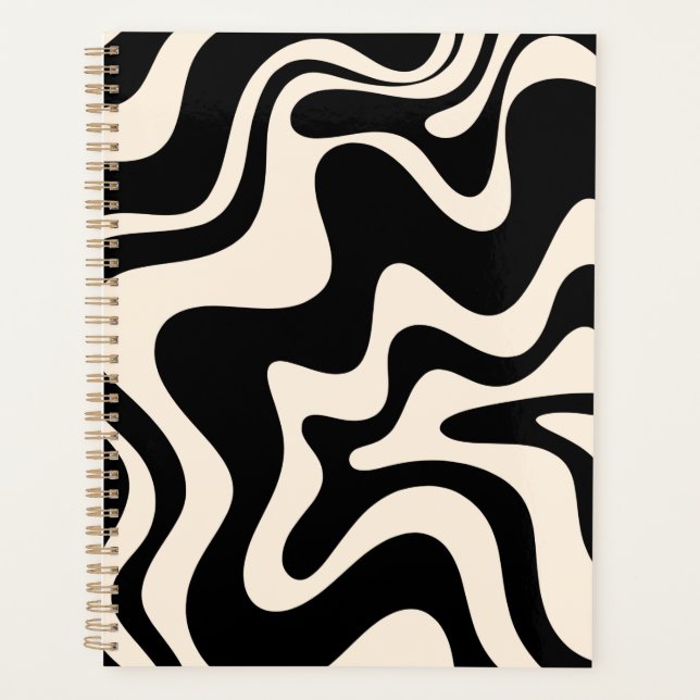 Retro Liquid Swirl Abstract Pattern Black Cream Planner (Front)
