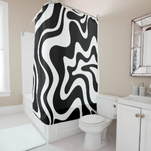 Retro Liquid Swirl Abstract Pattern Black & White Shower Curtain