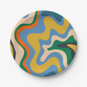 Retro Liquid Swirl Abstract Pattern Blue Mustard Paper Plate