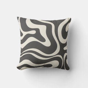 Retro Liquid Swirl Abstract Pattern Charcoal Cream Cushion