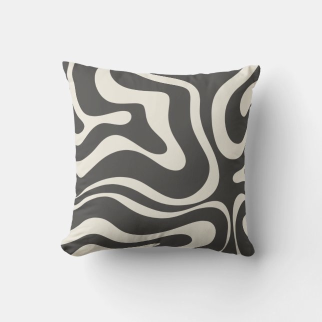 Retro Liquid Swirl Abstract Pattern Charcoal Cream Cushion (Front)