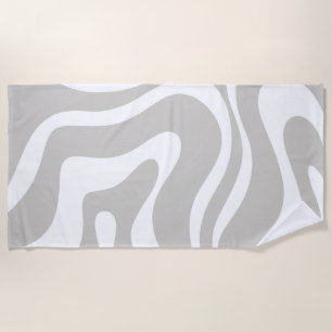 Retro Liquid Swirl Abstract Pattern Grey White Beach Towel