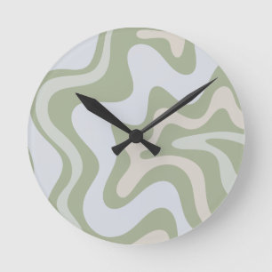 Retro Liquid Swirl Abstract Pattern in Sage Green Round Clock