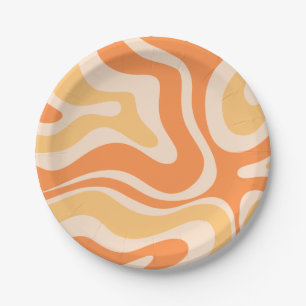 Retro Liquid Swirl Abstract Pattern in Soft Orange Paper Plate