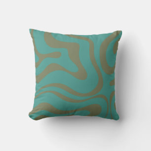 Retro Liquid Swirl Abstract Pattern Olive Teal Cushion