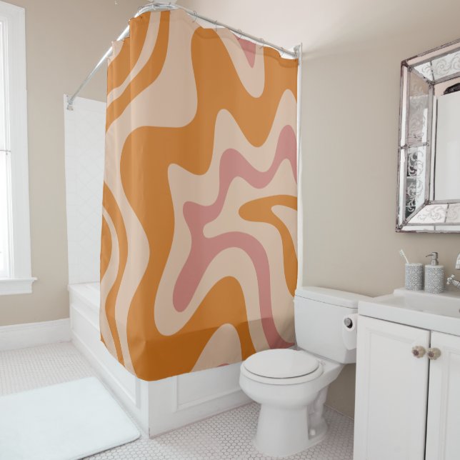 Retro Liquid Swirl Abstract Pattern Orange Pink Shower Curtain (In Situ)