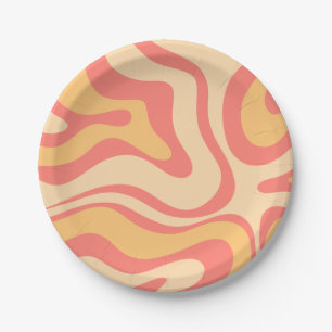Retro Liquid Swirl Abstract Pattern Pink Yellow Paper Plate