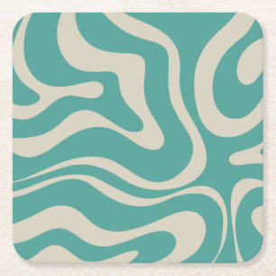 Retro Liquid Swirl Abstract Pattern Teal Beige Square Paper Coaster