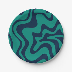 Retro Liquid Swirl Groovy Abstract Blue and Teal Paper Plate
