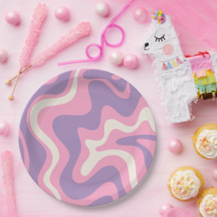 Retro Liquid Swirl Groovy Abstract Purple Pink Paper Plate