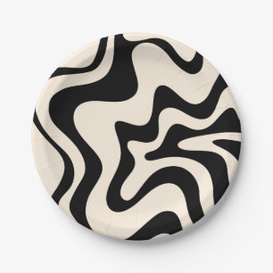 Retro Liquid Swirl Modern Abstract Pattern Black Paper Plate