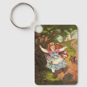 Retro Little Girl and Dog Lithograph Illustration Key Ring