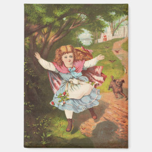 Retro Little Girl and Dog Lithograph Illustration Magnet