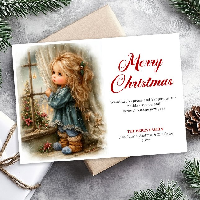 Retro little girl awaiting Santa digital Christmas Holiday Card (Retro little girl awaiting Santa digital Christmas greeting

)