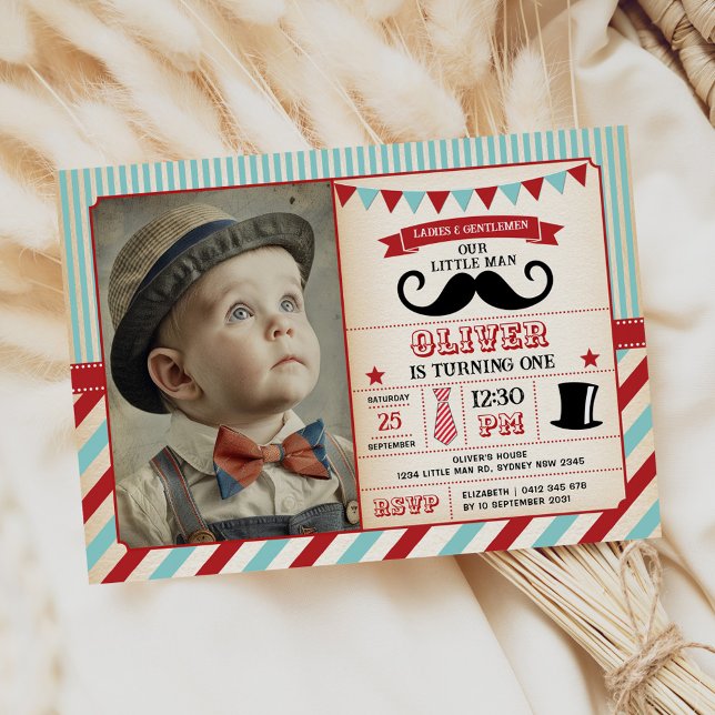 Retro Little Man Moustache 1st Birthday Boy Photo Invitation (Creator Uploaded)
