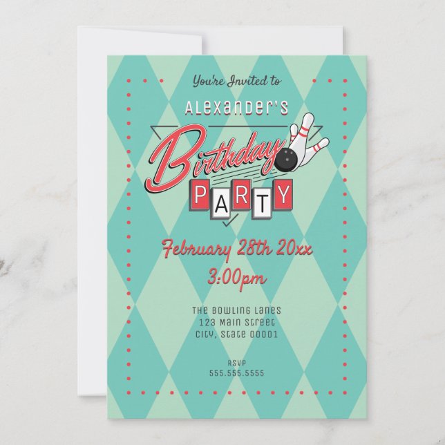 Retro Logo Bowling Birthday Party Invitation (Front)