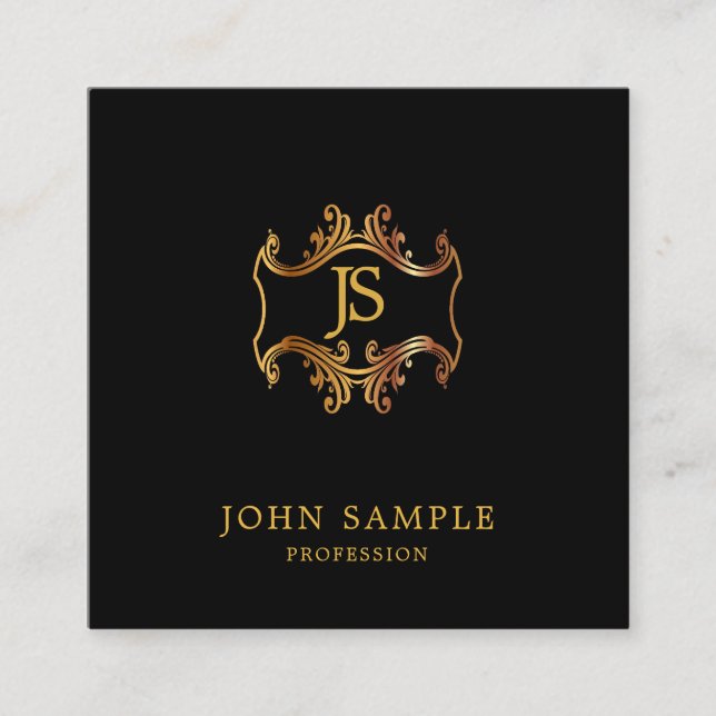 Retro Look Black And Gold Artistic Monogram Plain Square Business Card (Front)