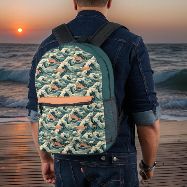 Retro Look Green Japanese Inspired Waves Monogram Printed Backpack (Creator Uploaded)