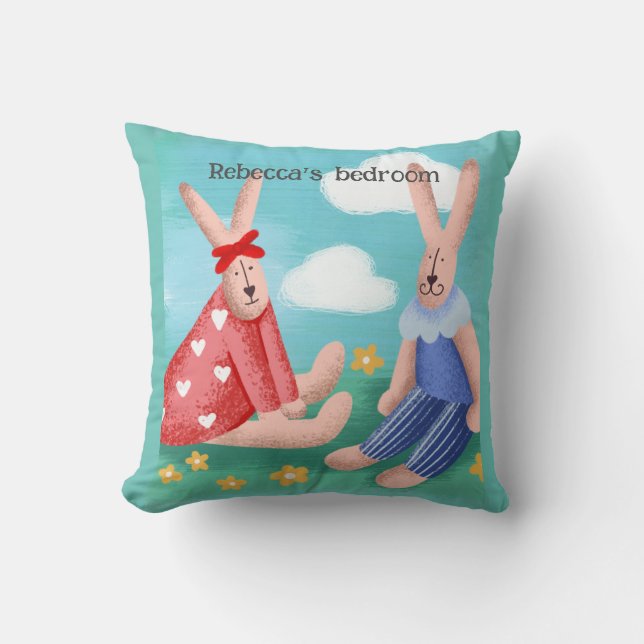 Retro looking rabbits with editable name cushion/ cushion (Front)