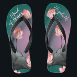 Retro Lotus Flowers Wedding Personalised Thongs<br><div class="desc">These classic yet trendy flip flops feature a retro aesthetic pattern of pink lotus flowers painting on dark teal green to pink gradient background. The gorgeous flip flops are a personalised and memorable gift for wedding party members: bride, bridesmaids, mother of the bride, maid of honour... They will add a stylish...</div>