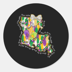 Retro Louisiana Map Mardi Gras Coquette Bow Fat Tu Classic Round Sticker