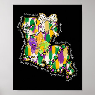 Retro Louisiana Map Mardi Gras Coquette Bow Fat Tu Poster