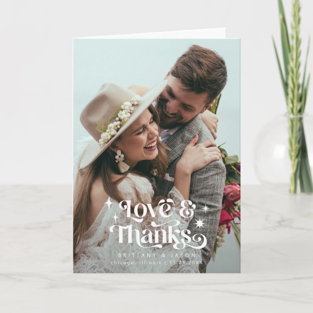 Retro Love and Thanks Overlay Text Wedding Thank You Card (Front)