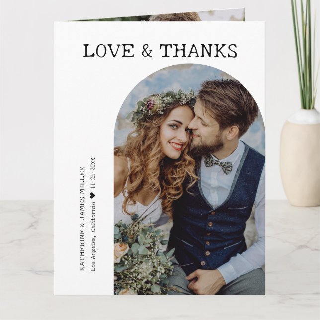 Retro Love and Thanks White Arch 2 Photo Wedding Thank You Card (Front)