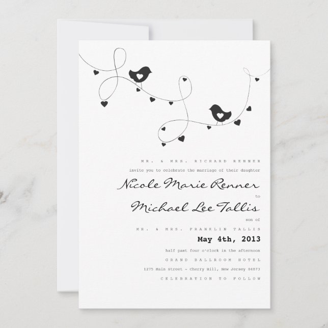 Retro Love Birds and Hearts Wedding Invitations (Front)