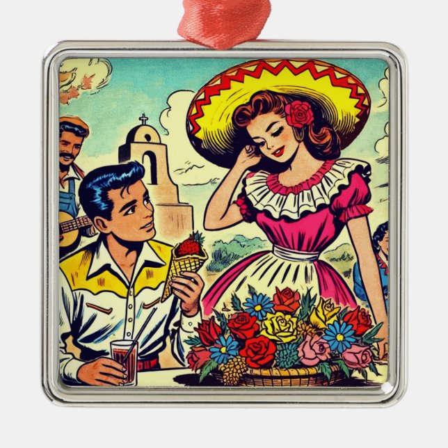 Retro Love Couple Comic Metal Ornament (Front)