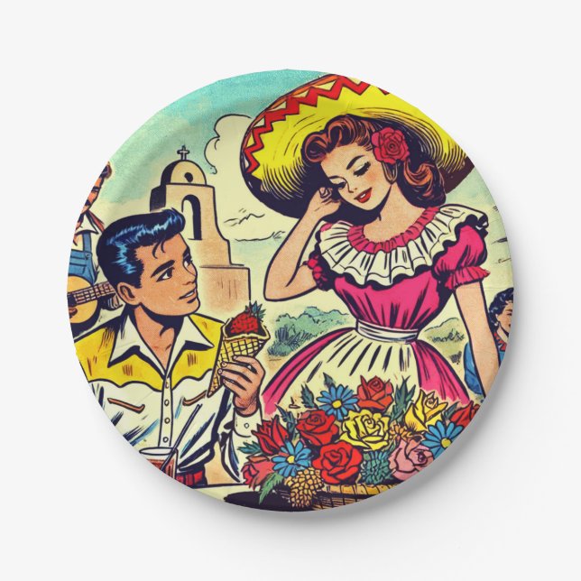 Retro Love Couple Comic Paper Plate (Front)