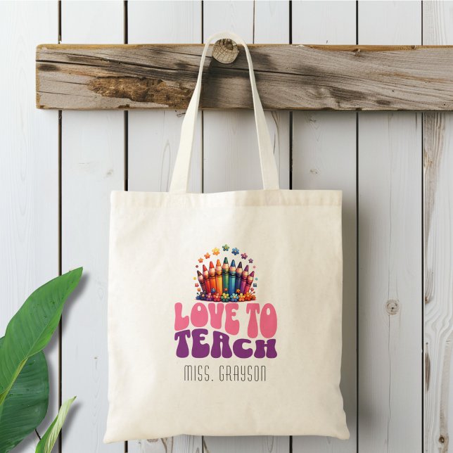 Retro 'Love to Teach' Crayon Design Teacher Name Tote Bag (Creator Uploaded)