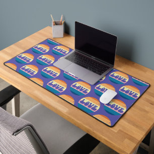 Retro Love Typography On Vintage Sunset Stripes Desk Mat
