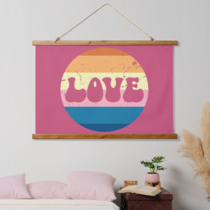Retro Love Typography On Vintage Sunset Stripes Hanging Tapestry