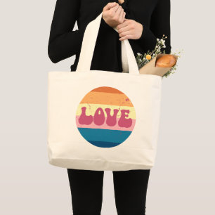 Retro Love Typography On Vintage Sunset Stripes Large Tote Bag