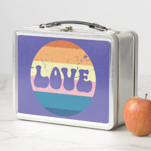 Retro Love Typography On Vintage Sunset Stripes Metal Lunch Box