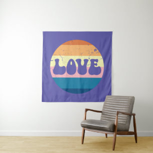 Retro Love Typography On Vintage Sunset Stripes Tapestry