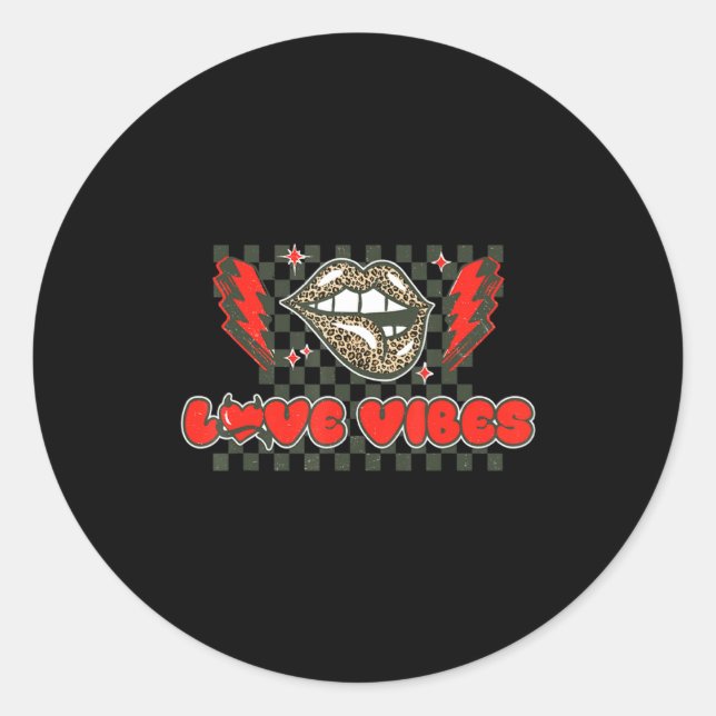 Retro Love Vibes Leopard Lip Valentine Lightning B Classic Round Sticker (Front)