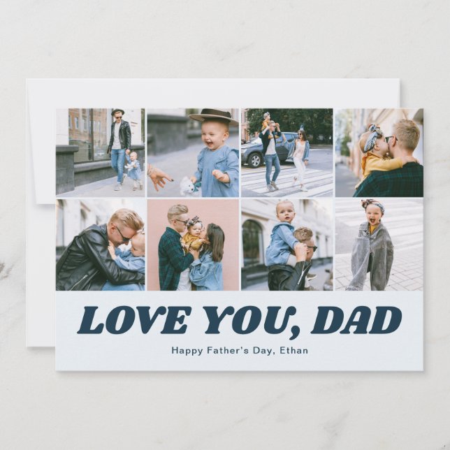Retro Love You Dad 12 Photo Collage Blue Holiday Card (Front)