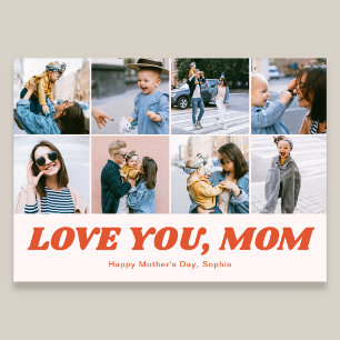 Retro Love You Mum 12 Photo Collage Pink Holiday Card