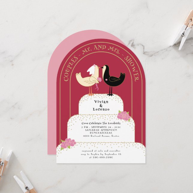 Retro Lovebirds Wedding Cake Arched Couples Shower Invitation (Front/Back In Situ)